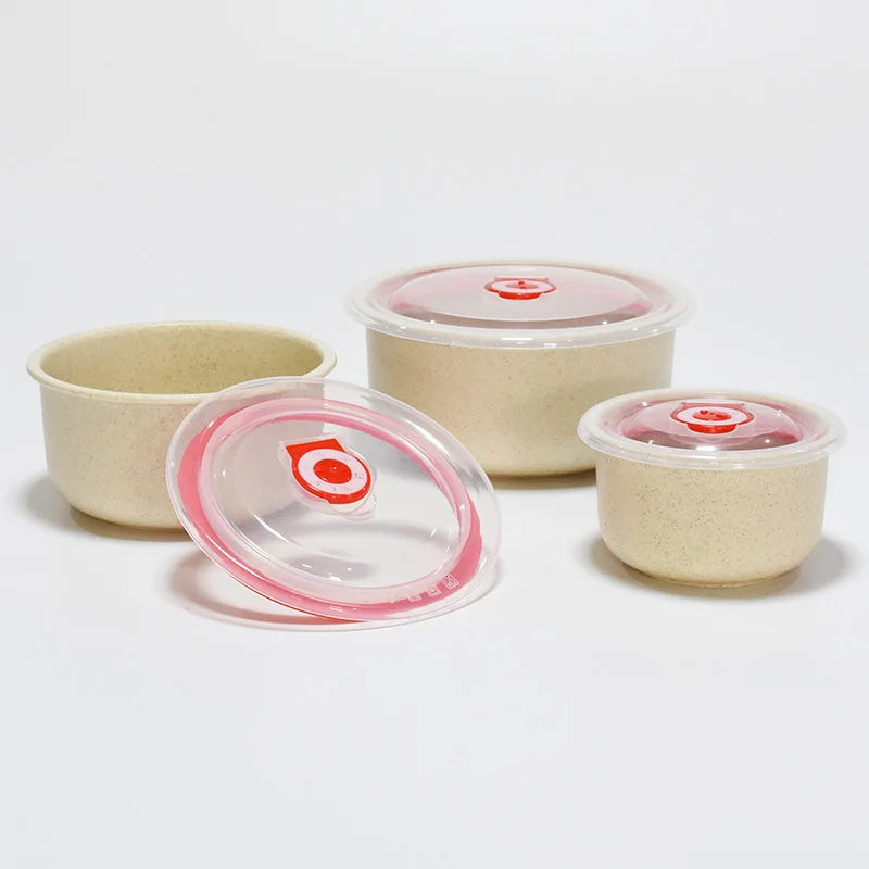 

Hot sale on Amazon children wheat straw bowl pcs With lid Sealed storage Three piece bowl set, Customized color