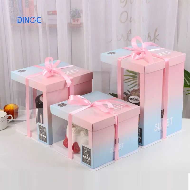 

Luxury 6 8 10 12 inch half transparent square paper packaging gradient color cake box with paper lid