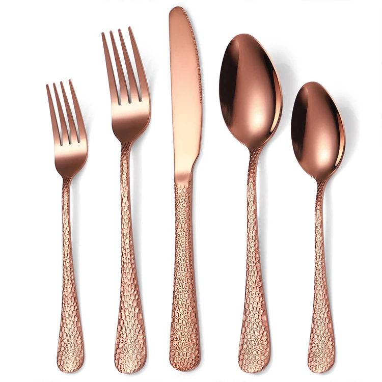 

Handle with hammered texture flatware sets 5pcs stainless steel cutlery set by gold plated