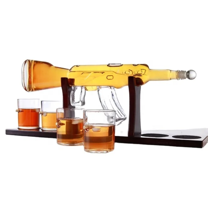 

Handmade glass bottle decanter AK 47 gun shape bottle glass whiskey decanter and glasses sets