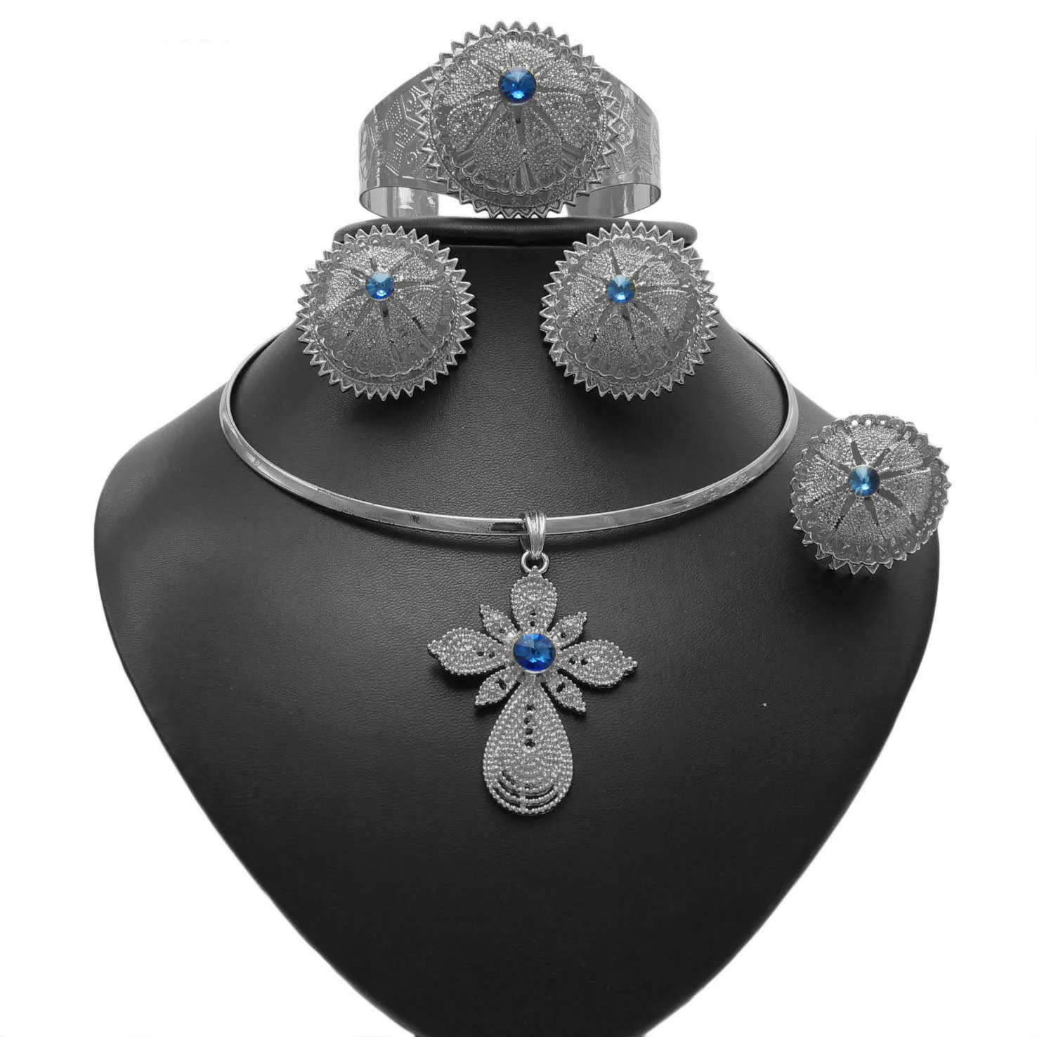 

Yulaili Big Pendant New Fashion Silver Plated Bule Crystal Ethiopian Traditional Jewelry Set