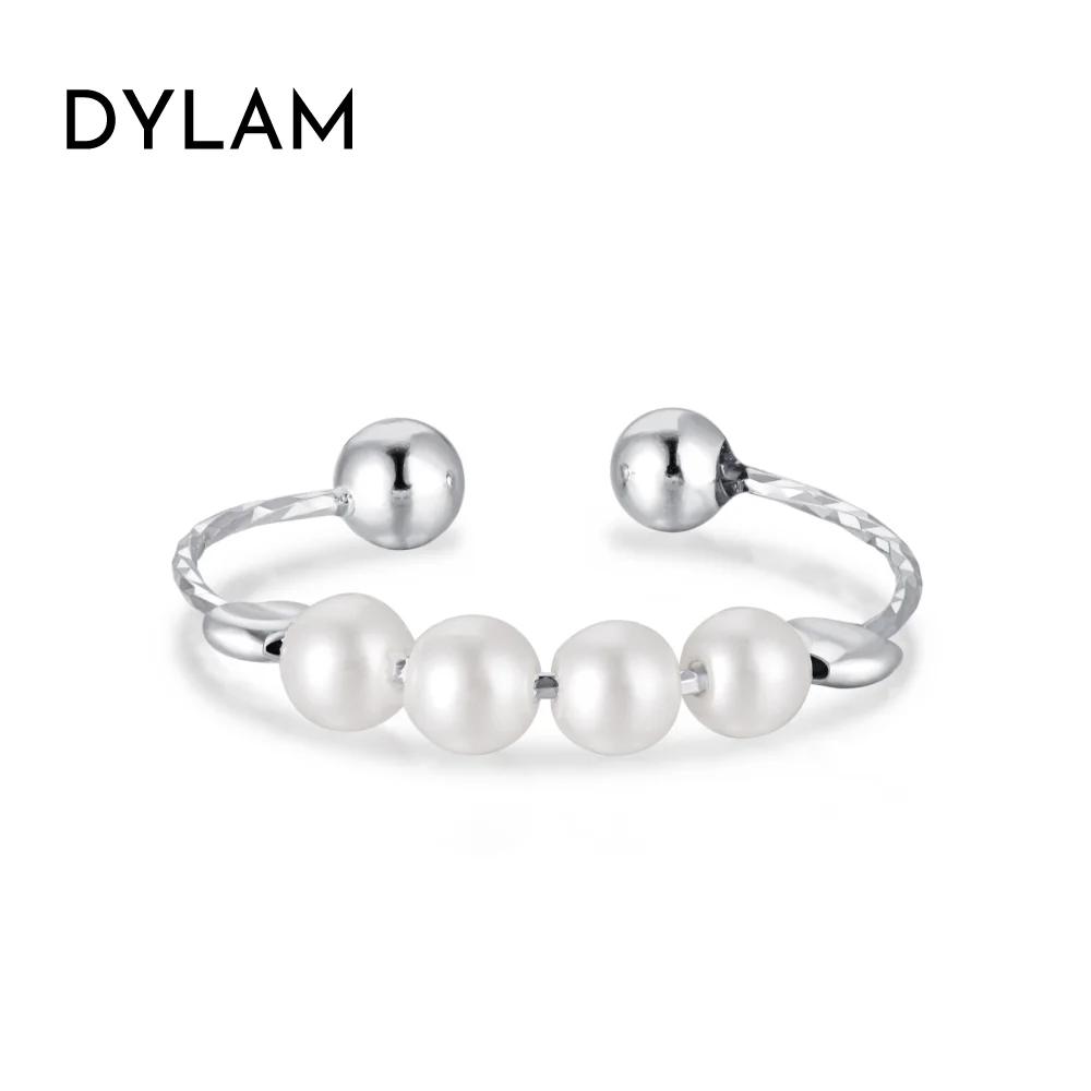 Dylam Fashion Shell Pearl Ring Birthday Gift for Women and Girls 925 Sterling Silver White Pearl Adjustable Beaded Ring