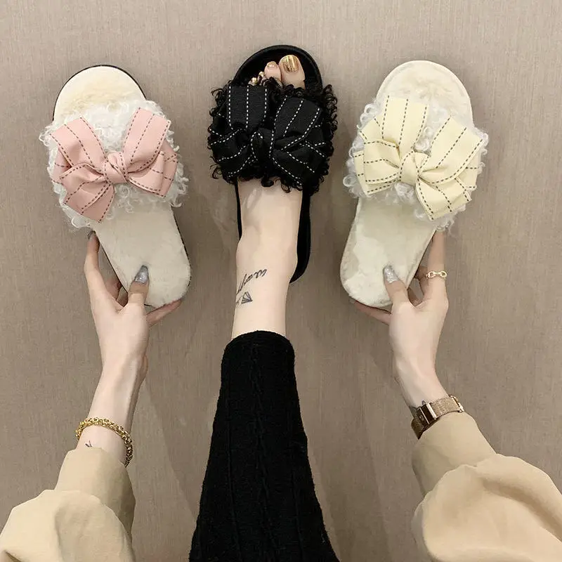 

Amazon AliExpress Hot Sale Sweet Ladies Home Slippers Solid Color Blowing Bottom Plush Bow One Font Women Slippers Shoes