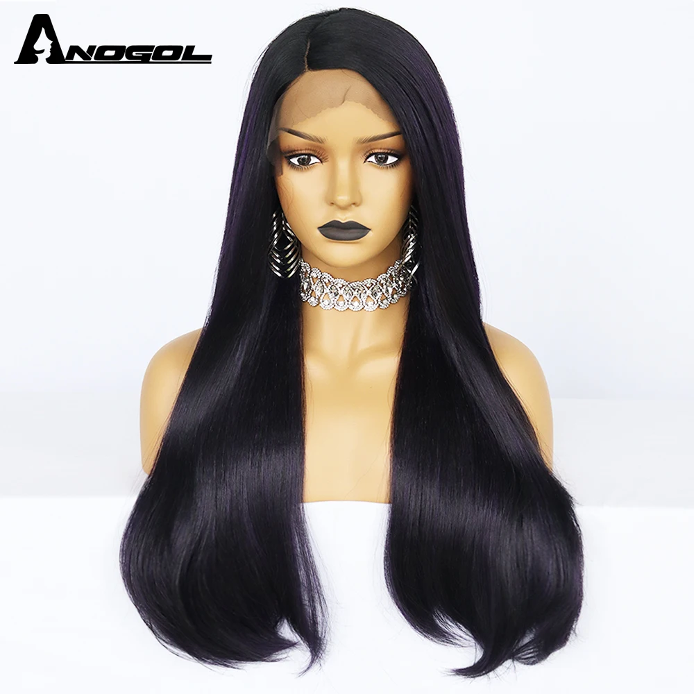 

Anogol Synthetic Futura Lace Front Wigs dye purple Wigs Long Straight heat resistant Hair Wig