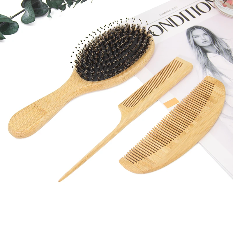

3PCS Customized Logo Biodegradable Natural Bamboo Nylon Boar Bristle Hair Detangling Brush Set