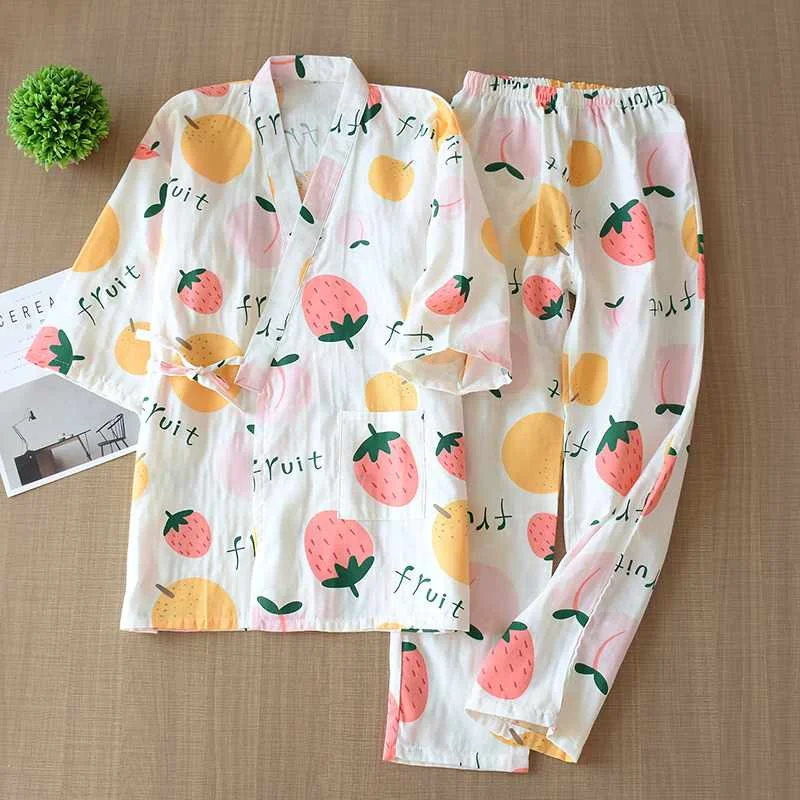 

2021 new seven-sleeve Japanese-style kimono sleepwear set female spring and autumn 100% cotton gauze home clothes cute sweet two, Required