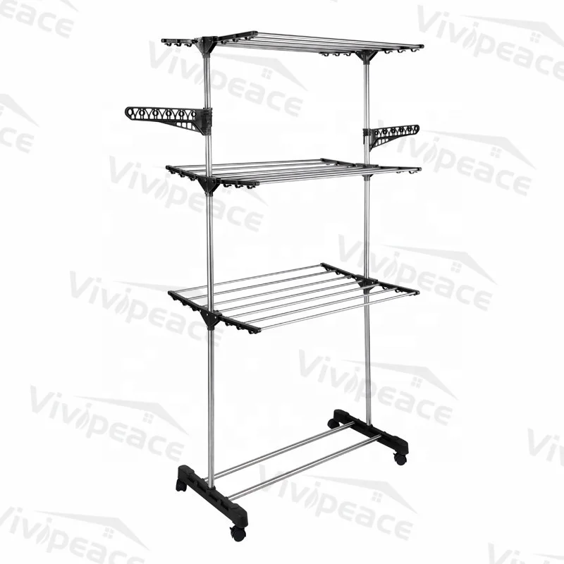 

Clothes Drying Rack,3 Tier Rolling Dryer Clothes Hanger,Collapsible Garment Laundry Rack with Foldable Wings and Casters