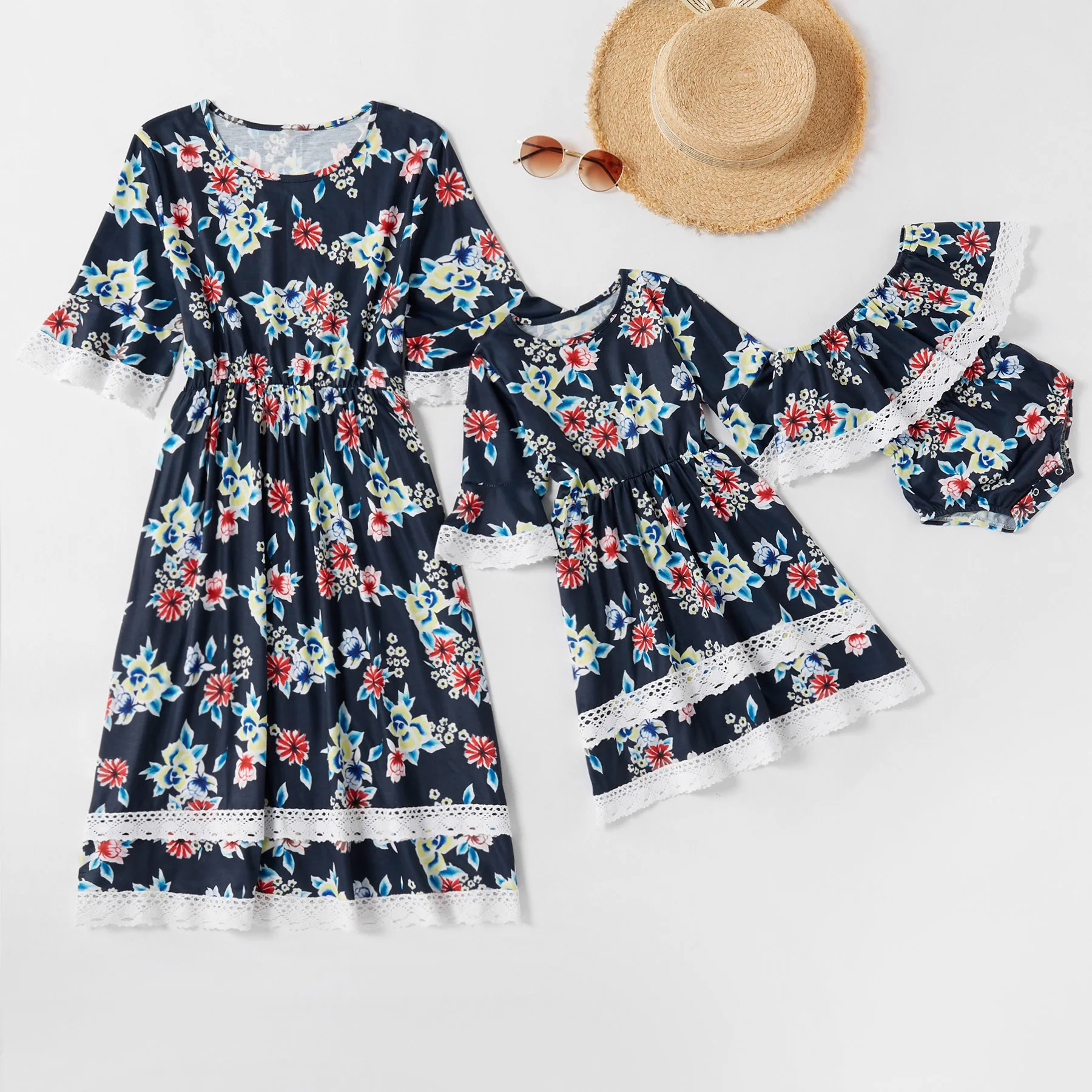 

MM-017 2021 fashion navy floral print short sleeve dresses for baby girls summer boutique mommy and me dress outfits, Picture show
