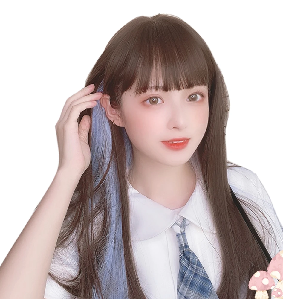 

Long Straight Hair Chocolate Scheming Sky Blue Behind Ear Natural Daily Lolita Sweet Cute Harajuku Cosplay Party Wig, Pic showed