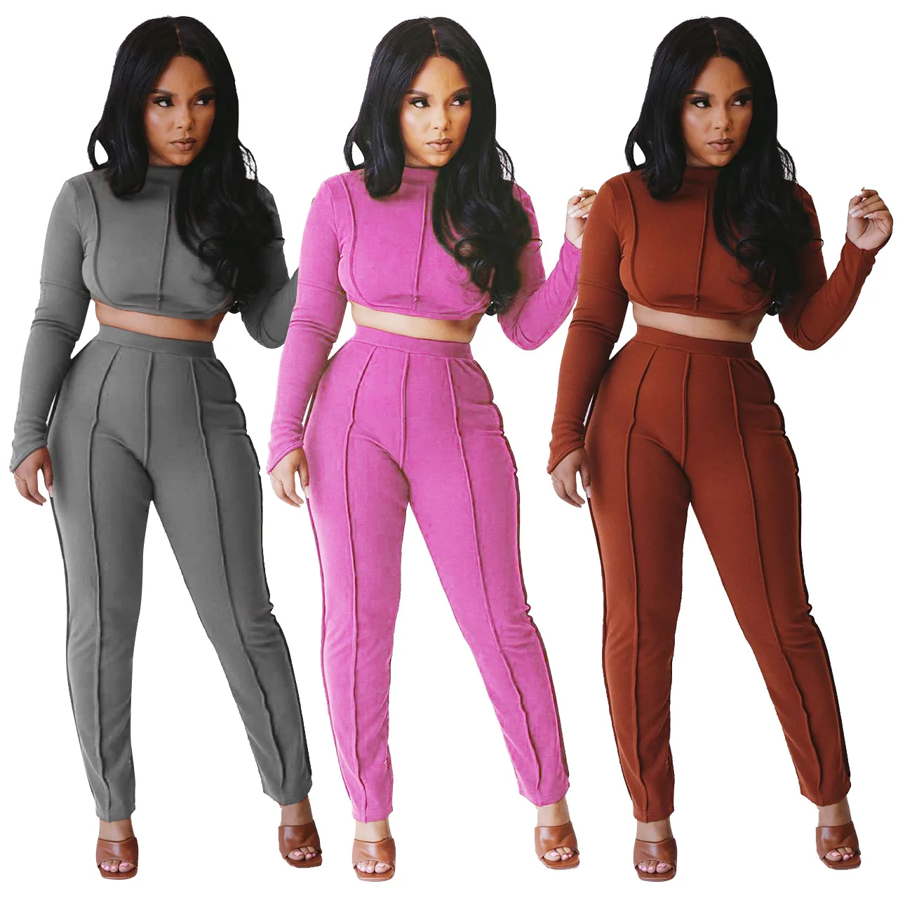 

2021 Trending Two Piece Sets Women Clothing Cross Cutout Long Sleeve Backless Pants Set Solid Color Sportswear 2 Piece Set, Gray, tan, rose