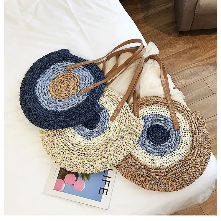 

B-0281 Outdoor Travel Splicing Big Size Round Straw Fashion Handbags Summer 2021 Wholesale Women Beach Unique Handbags, Multi color