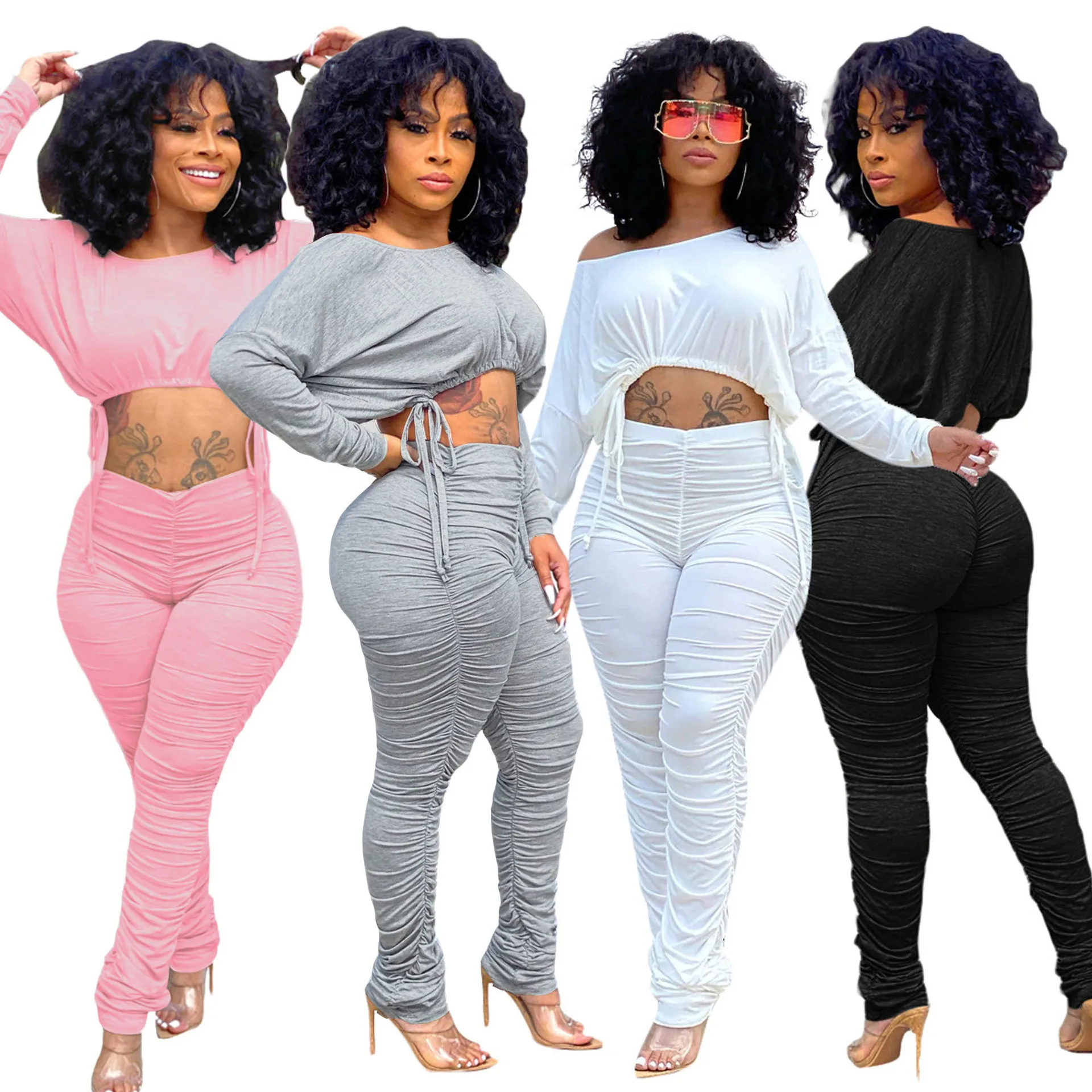 

2022 Solid Plain Sweat Suits Joggers O Neck Lace Up Crop Top Stracked Pants Two Piece Fleece Sweat Suit Bodycon Sweat Suit Set