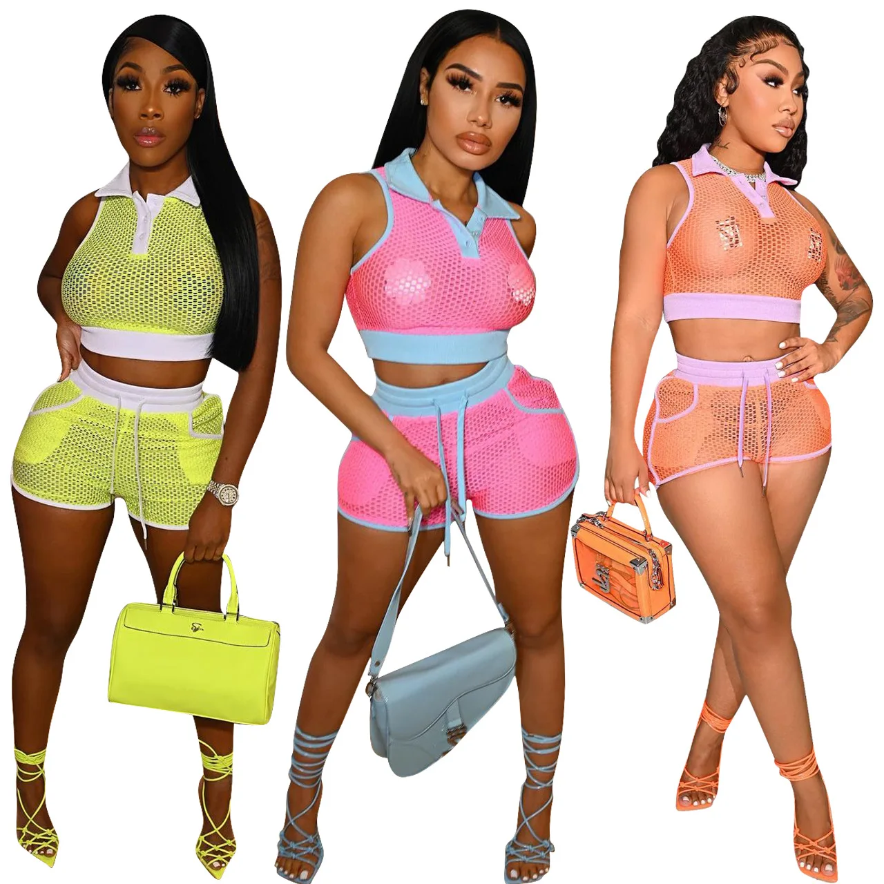 

2022 Women Two Piece Mesh Pants Set Outfits Summer Short Sets Clothes Crop Top Tracksuit Women's Jogger Pants 2 Piece Shorts Set