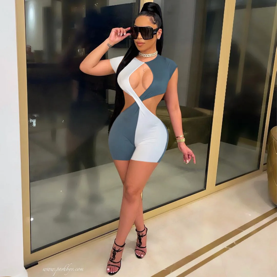 

H6820 - ladies sexy bandage sleeveless patchwork solid hollow out rompers
