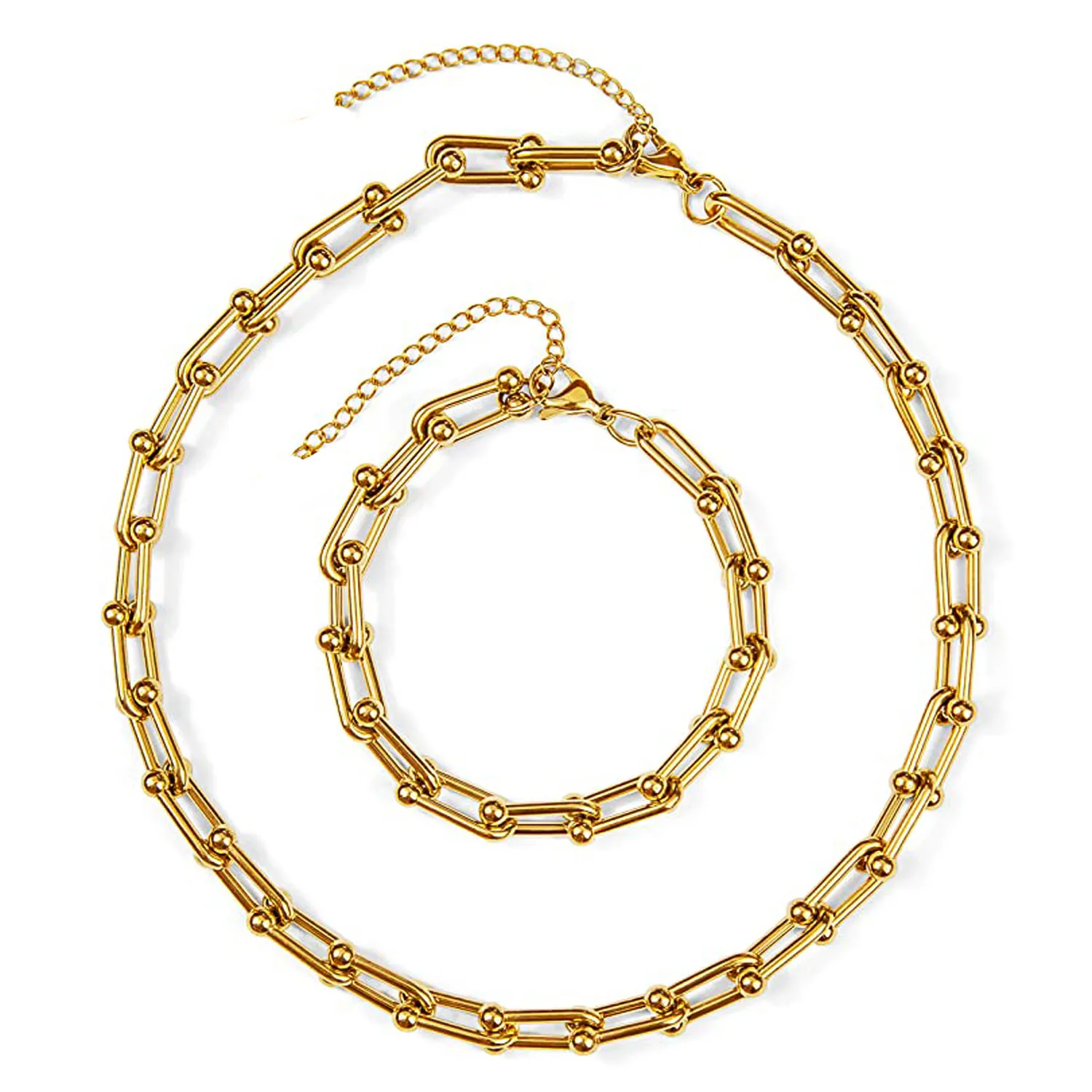 

Thick Link Horseshoe Chain 18K Gold Plated Chunky Horseshoe U Shape Fashion Necklace Chain Bracelet Jewelry Gifts for Women Girl