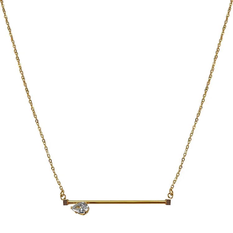 

18K Gold Plated Stainless Steel Jewelry Water Drop Zircon Long Bar Pendant Hypoallergenic Accessories Necklaces P213282
