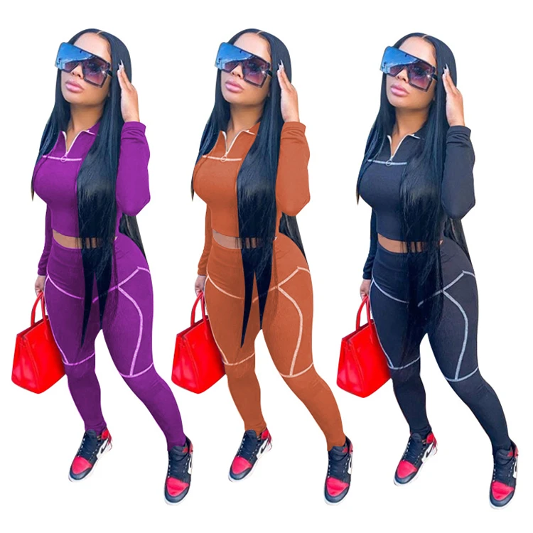 

W8530 Fall 2020 women clothes 2 piece set printed slim sports suit