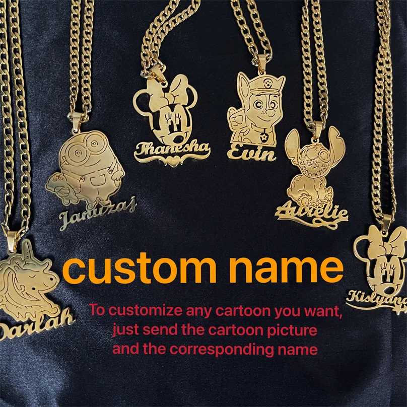 

Fashion custom children name cartoon character necklace high quality stainless steel plated 18K gold necklace, Colors