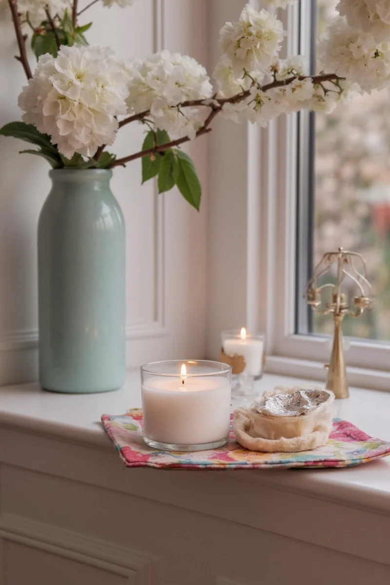Window display with layered candles and greenery