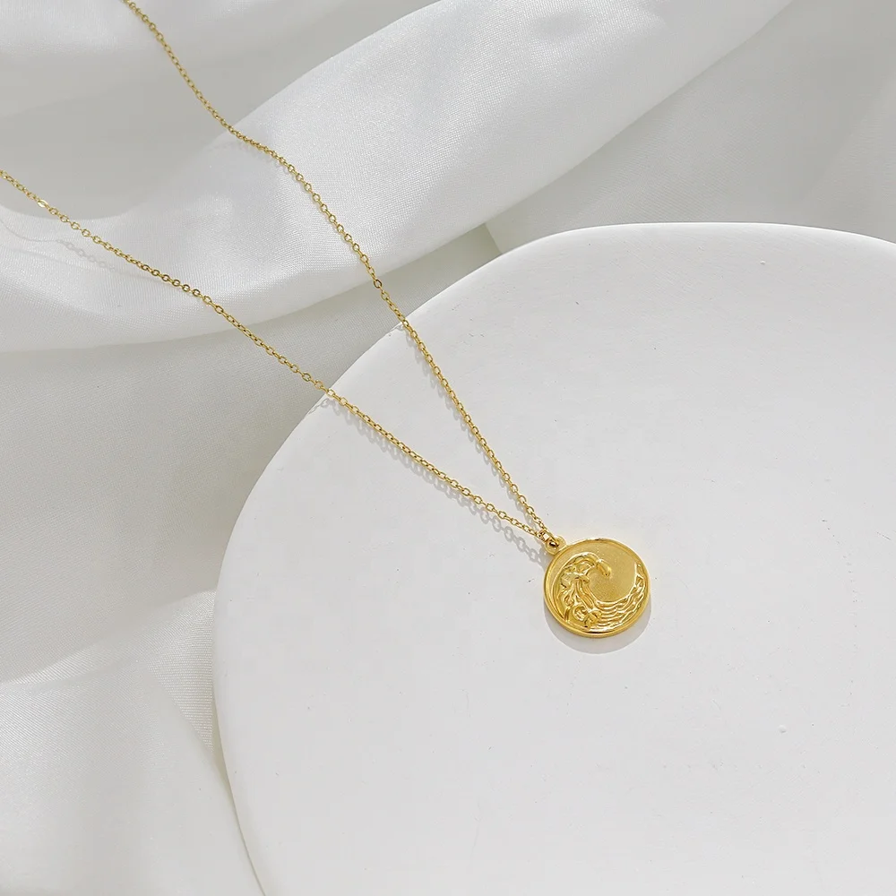

Golden Wave Embossed Round Medal Gold Coin Chain Necklace Wholesale