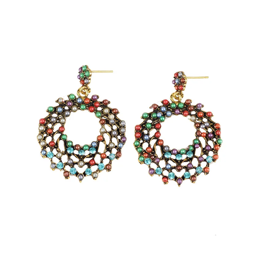 

LX600 Hot selling Indian style rhinestones stud earrings Vintage multi color rhinestones stud earrings for women, As photo