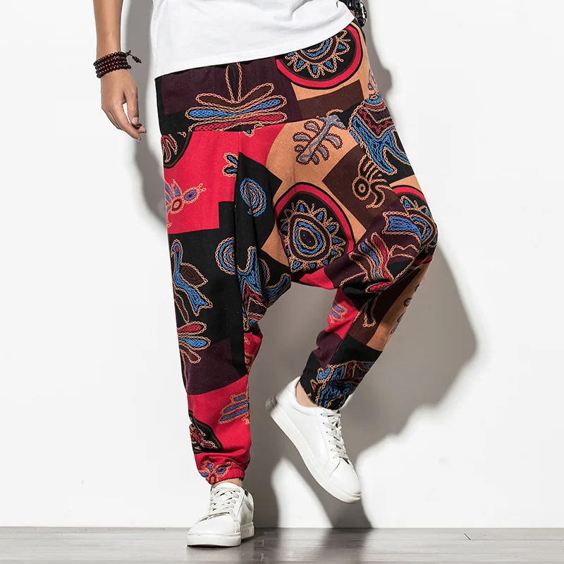 

Men Harem Pants Retro African Printed Drop Crotch Cotton Trousers Men Baggy Loose Men Casual Pants