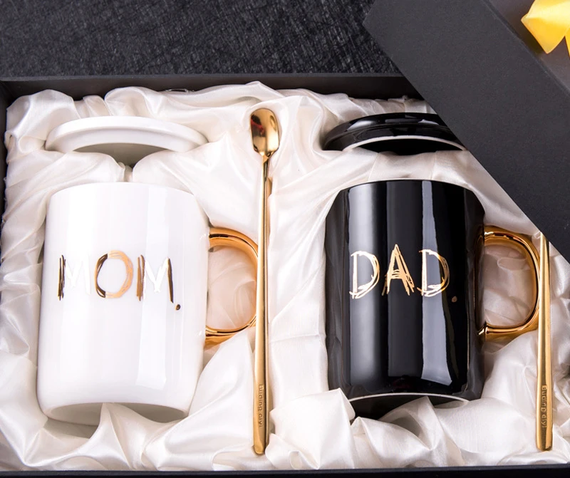 

Luxury Ceramic Coffee Set Mom Dad High Quality Mug Cup with Lid Spoon, Customized