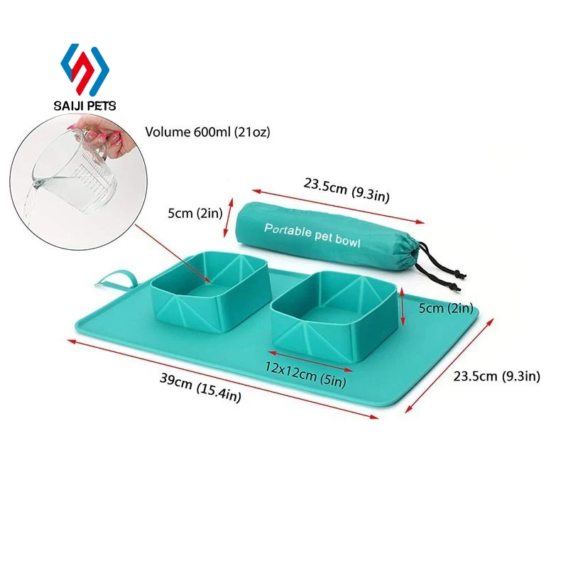 

Saiji new design travel portable non slip food water double silicon collapsible pet dog large bowl with mat, Blue, black, customized color