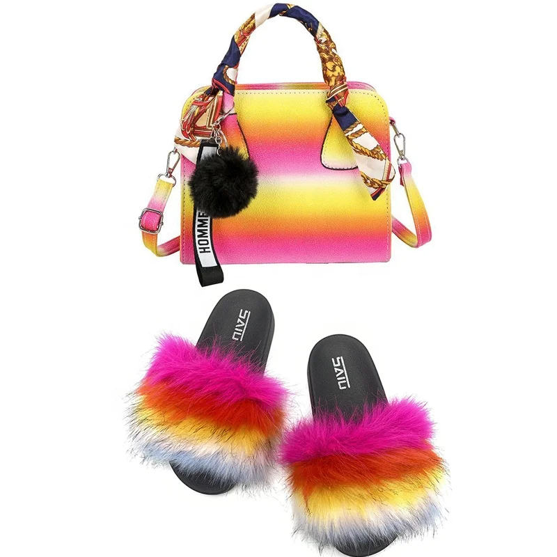 

Amazon Hot Selling Women Tote Handbags And Fur Sandals Sets Silk Scarf Clutch Purses Match Rainbow Furry Slippers Fashion Sets