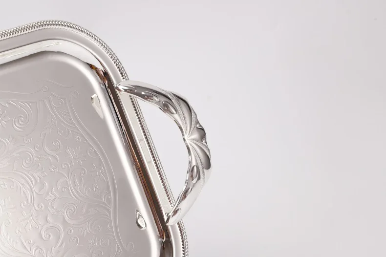 
European Style Custom Logo Galvanized Silver Stainless Steel Metal Fruit Serving Tray With Alloy Handles 