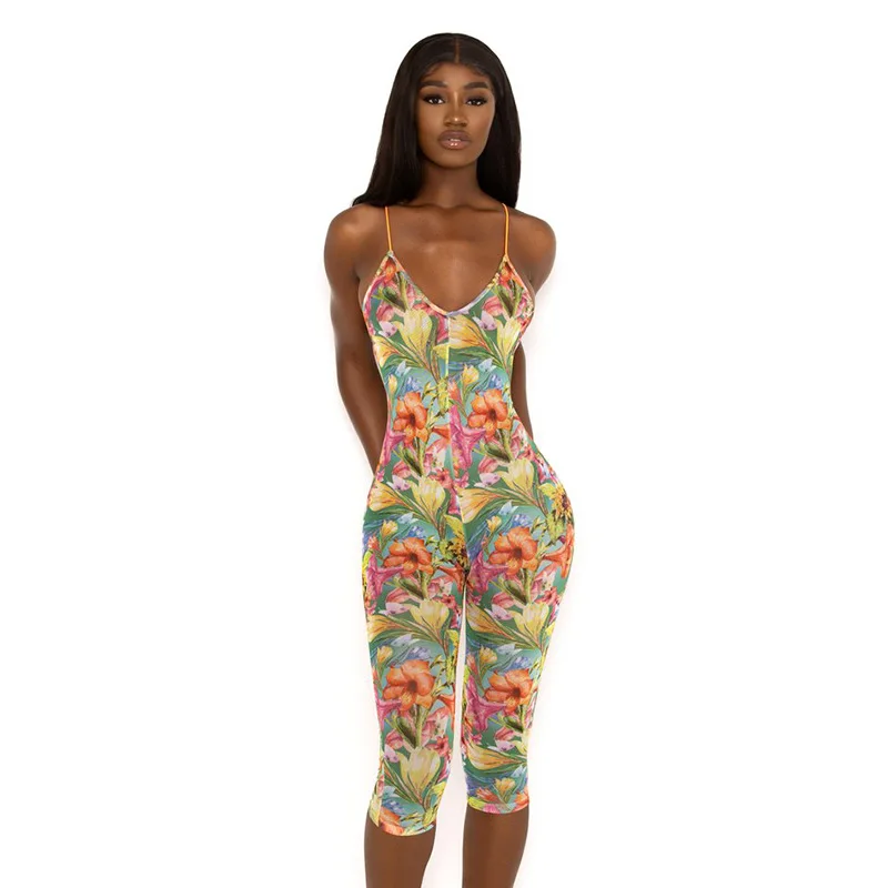 

2021 new arrival summer collection back cross mesh romper women floral printed sexy play suit