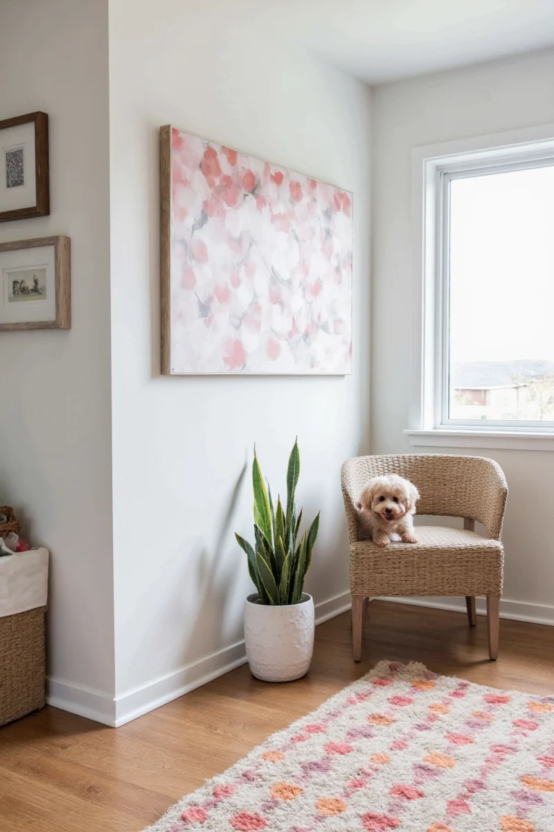 Dog room with pastel walls, a plush bed, colorful storage boxes, and framed dog photos on the wall.