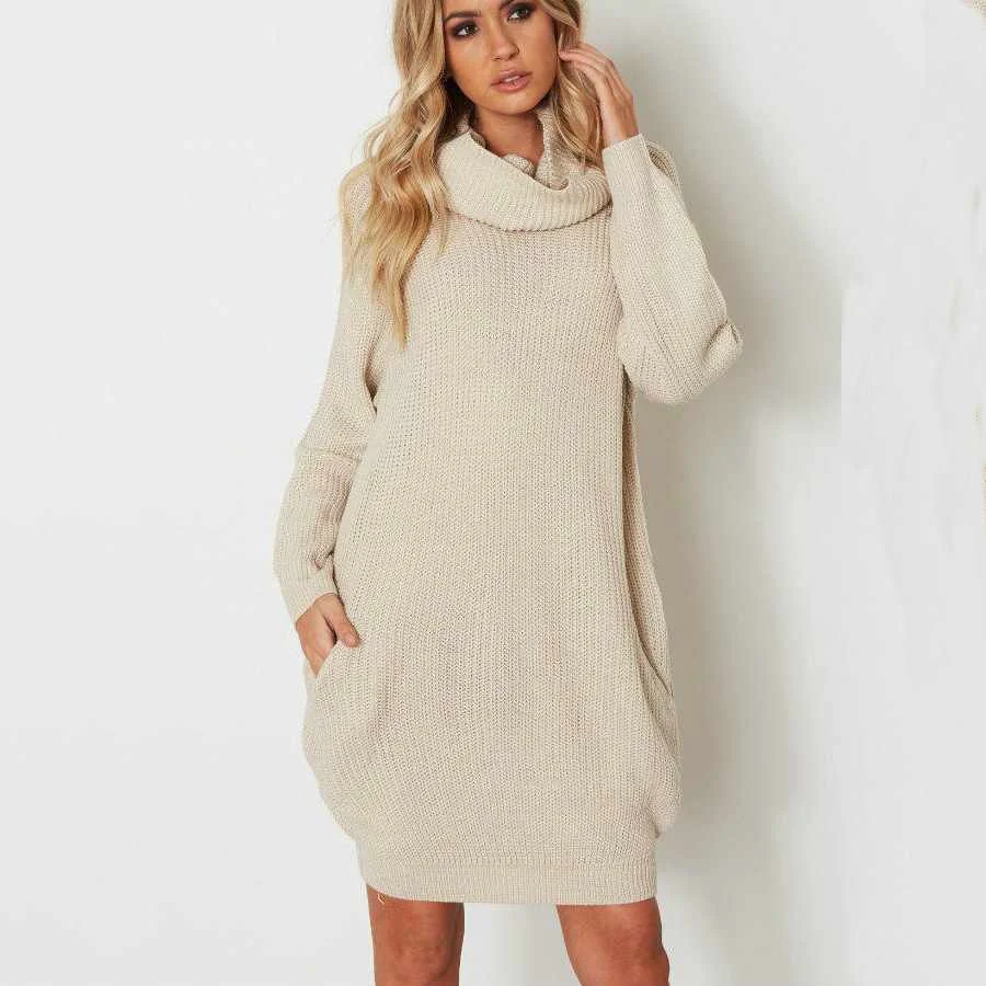 

Autumn Fashion Knit Long Sleeve Turtleneck Oversized Winter Sweater woman Dress