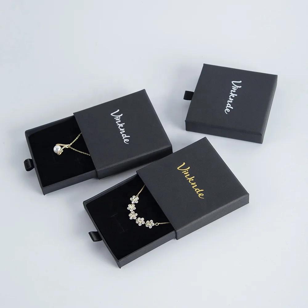 7x7x1.7cm Black Design Paper Jewelry Box Package Gold Silver Foil Stamp Logo Custom for Jewelry Necklace Earrings Ring