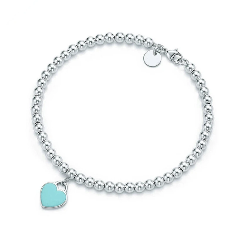 

Dainty Tiny Love Heart Bracelet Elegant Heart Pendant 925 Silver Beaded Bracelets for Women Fashion Jewelry Gift Wholesale, Blue, pink, red