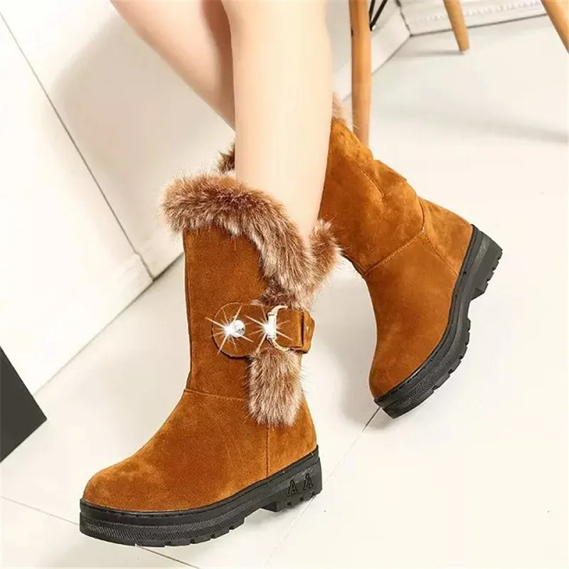 

New Winter Women Boots Casual Warm Fur Mid-Calf Boots shoes Women Slip-On Round Toe flats Snow Boots shoes Muje Plus size 35-41