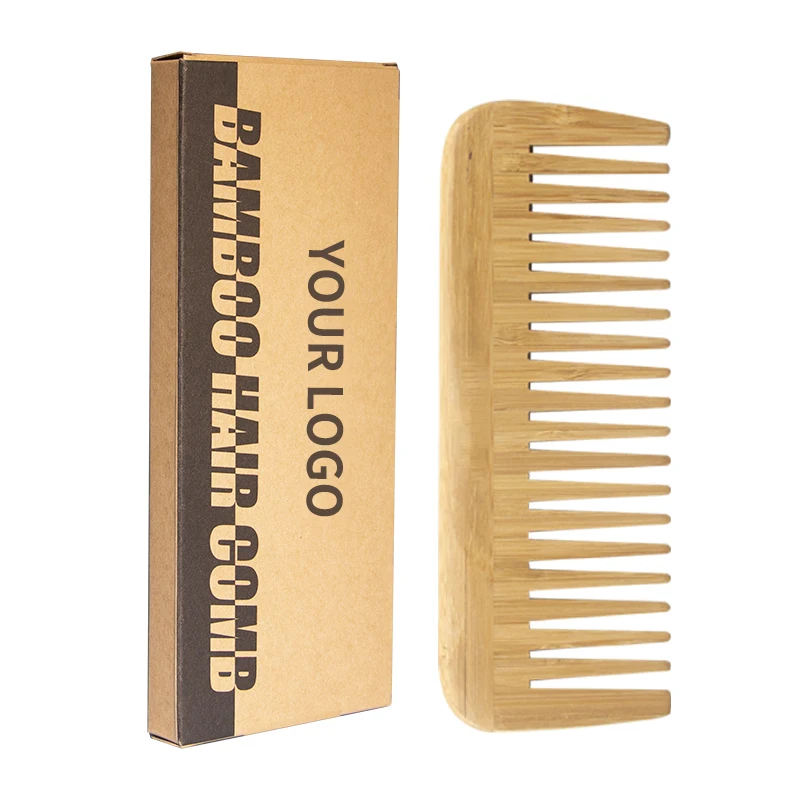 

Professional Custom Logo Natural Bamboo Wooden Wide Tooth Hair Detangler Comb