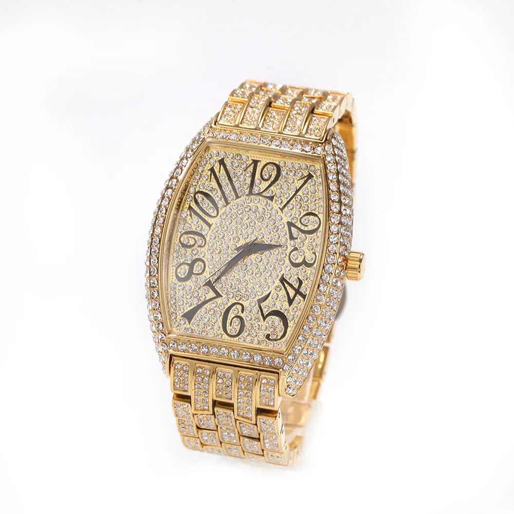 

D&R Jewelry Full Diamond Tonneau Shaped Large Dial Mens Watch Casual Hip Hop New Multi color Watch, Custom color