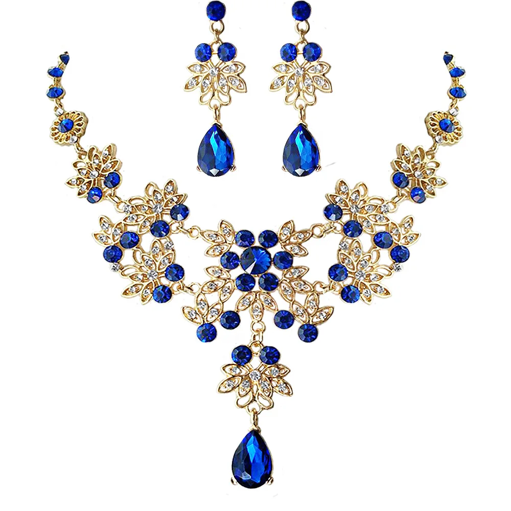 

Fashion Bride jewelry Wedding crown headdress accessories set blue rhinestone statement jewelry necklace and earring sets, One color