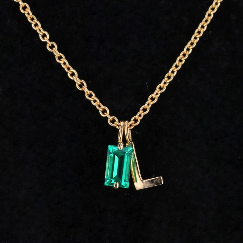 

Starsgem 14K Yellow Gold Lab Emerald Letter Pendant Necklace Moissanite Chain