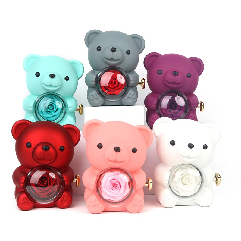 AYOYO Hugging Bear Eternal Rotating Rose Box Valentine'S Day Gift Rotating Bear Rose Jewelry Ring Necklace Box Holding Bear