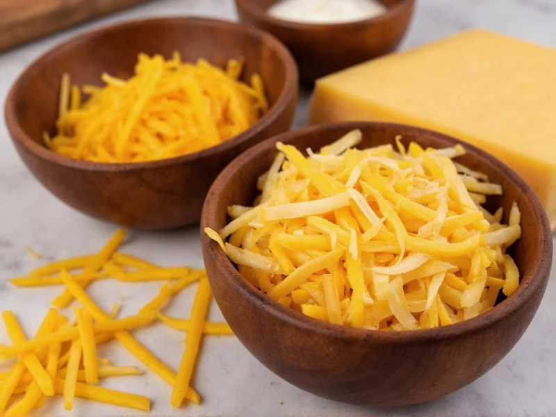 Freshly grated sharp cheddar and Gruyère cheese in wooden bowls