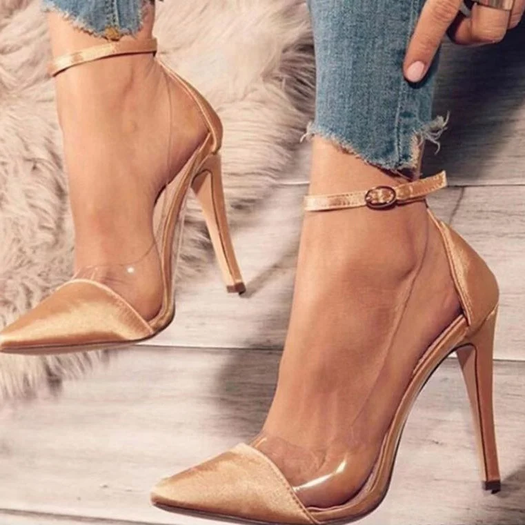 

Clear Upper Ankle Buckle Strap Large Size 43 Thin Heel Low Cut Solid Women Dress Shoes Ladies Pointed Toe Dating Sexy Pumps, Black,pink,rose red,gold