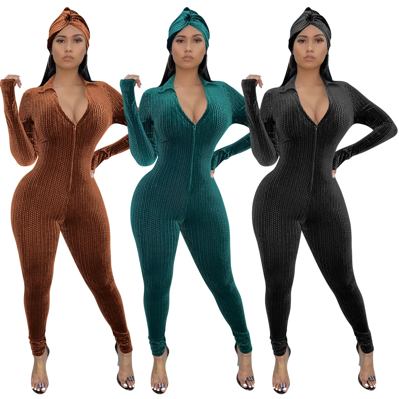 

2021 Custom Logo Sexy Long Sleeve Bodysuit bandage jumpsuit Zipper Deep V Neck sheer jumpsuit Women yoga one piece jumpsuit