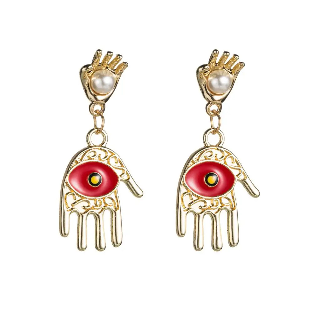 

Gold Plating Freshwater Pearl Hamsa Hand Fatima Palm Drop Earrings Jewelry for Women Enamel Hand Evil Eyes Earrings