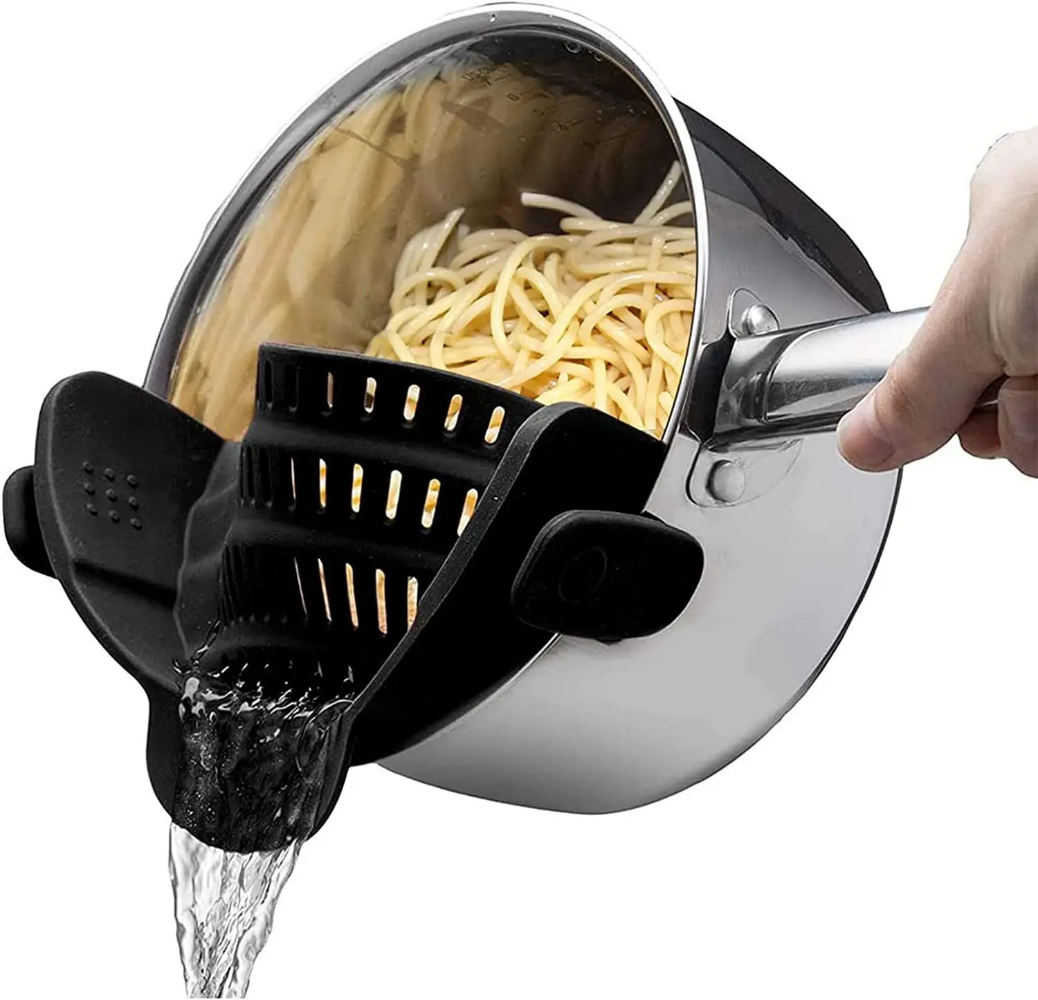 

Snap N Strain Clip On Strainer Collapsible Colander for Pasta Pot Noodle Space Saving Sieves and Pot Strainer