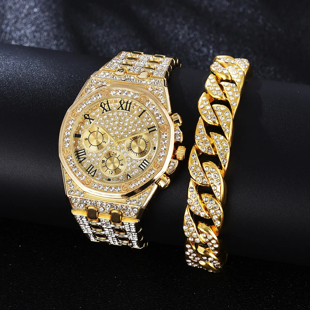 

Best Selling 18k Gold Plated Roman Numeral Full Diamond Watch Set Bling Bling Cubic Zircon Cuban Link Chain Bracelet CZ Watch