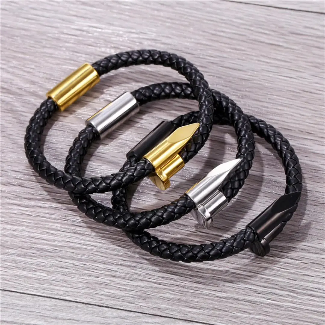 luxury men leather bracelet gold black Nail Head Handmade Cowhide Braided Punk Leather Bracelet For women nail leather bracelet