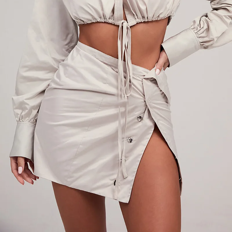 

KX-2021 Trending solid color l iron button high waist tennis skirt woman summer side split hip short skirt for womans