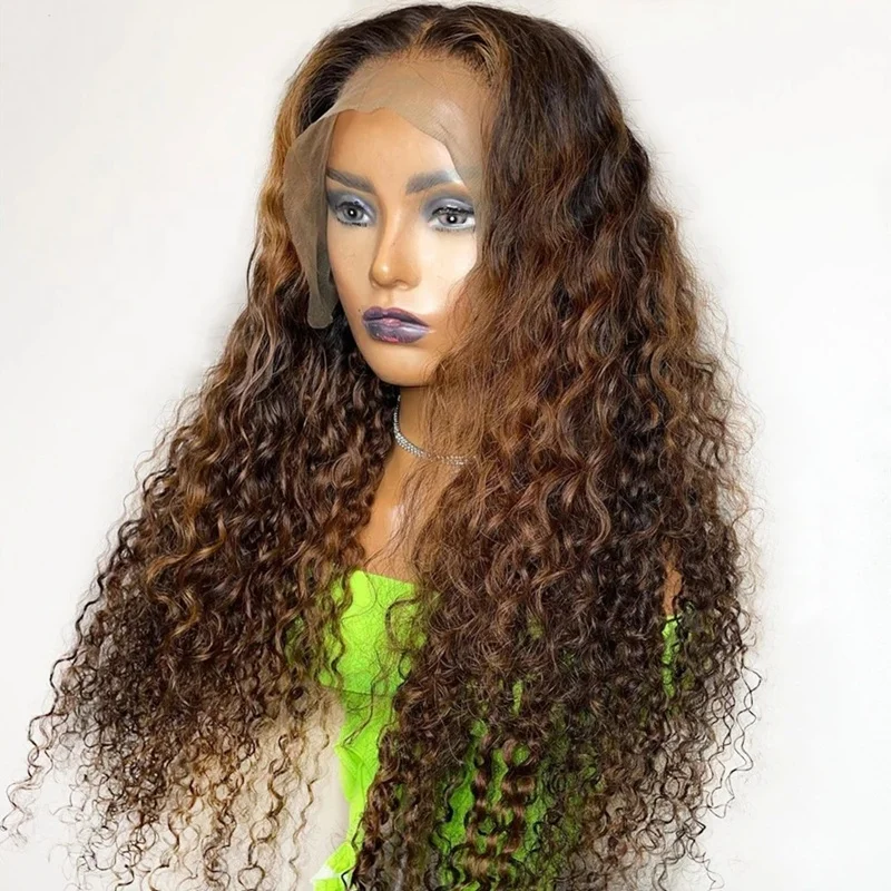 

No Shed Highlight Brown Color Kinky Curly Raw Brazilian Human Hair Lace Front Wigs